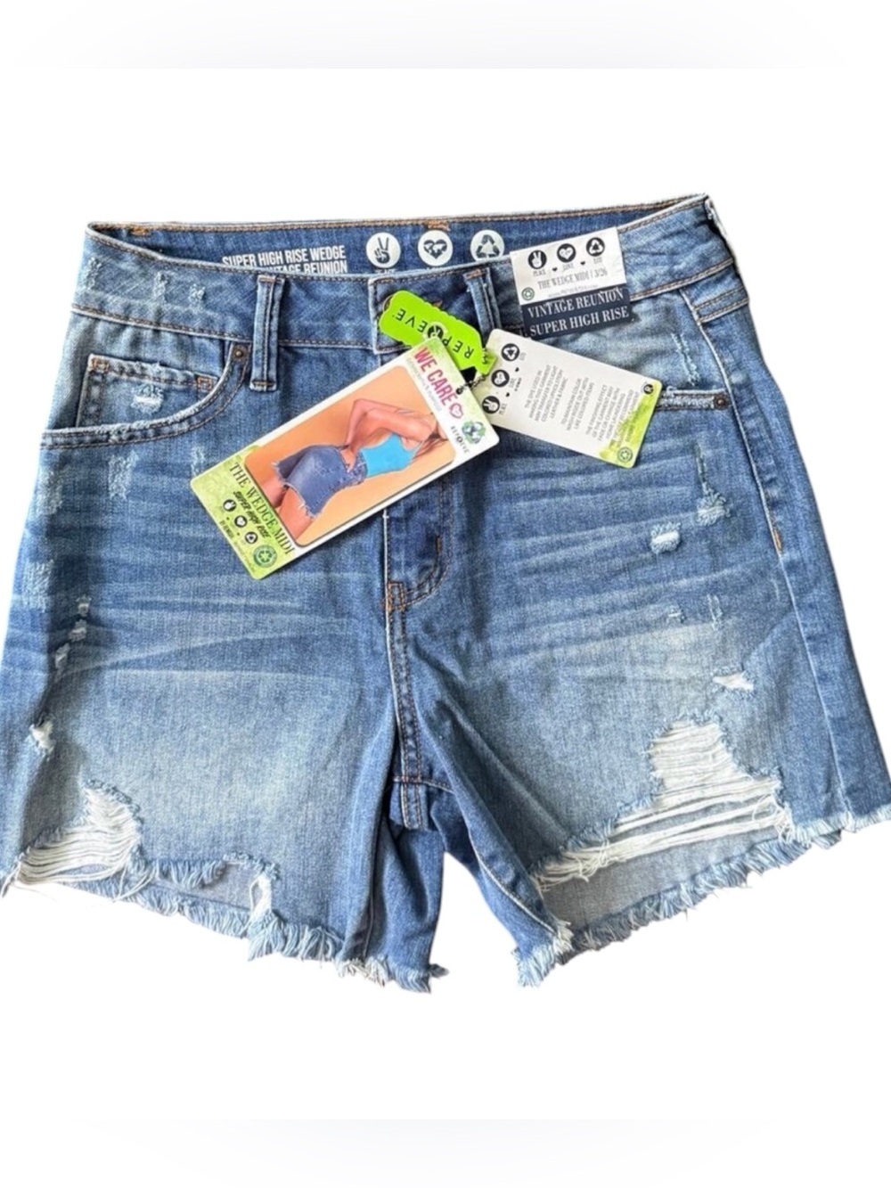 Rewash The Wedge Midi Super High-Rise Denim Short Peace Love Echo | NWT